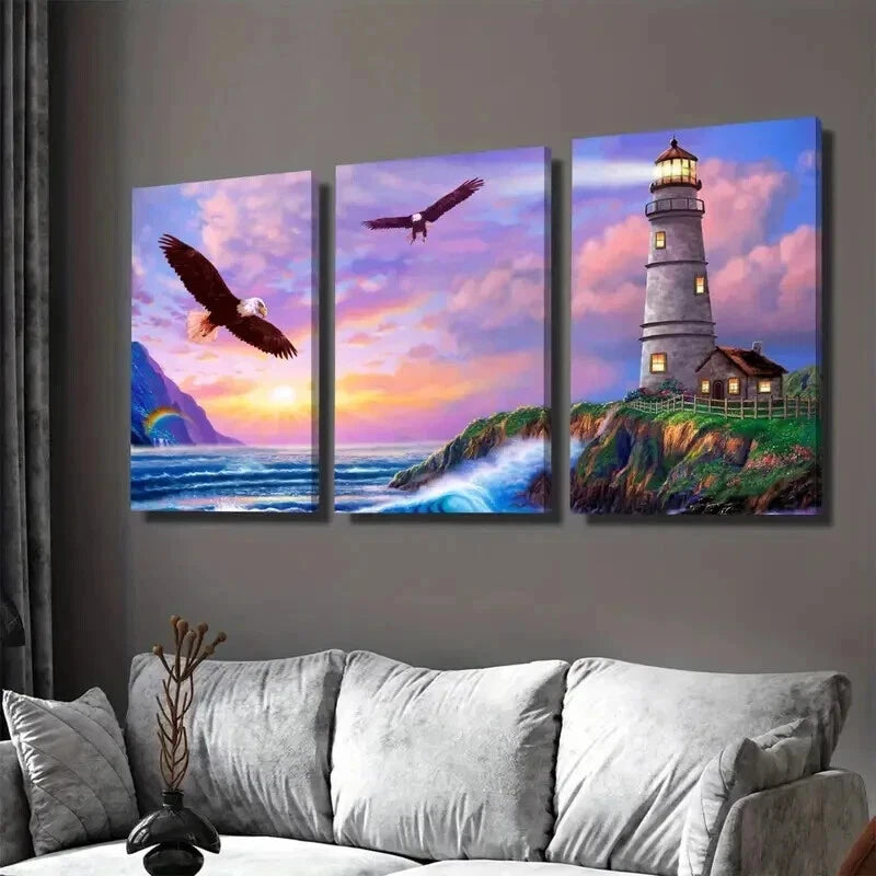 3pcs Sunset Lighthouse & Eagles Triptych Wall Art Set Canvas Framed 40x60cm - High Quality Print 100% Australian Made Wall Canvas Ready to Hang