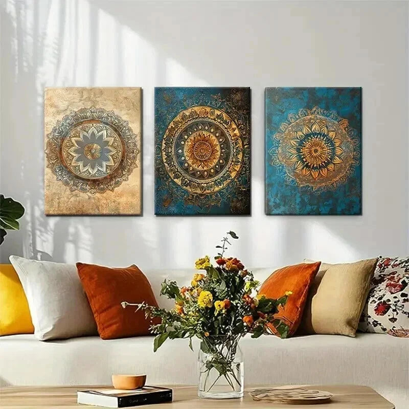 3pcs Elegant Golden & Teal Geometric Patterns Wall Art Set Canvas Framed 40x60cm - High Quality Print 100% Australian Made Wall Canvas Ready to Hang