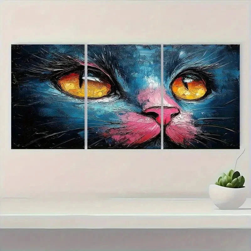 3pcs Vibrant Pink Cat Abstract Design Wall Art Set Canvas Framed 50x70cm - High Quality Print 100% Australian Made Wall Canvas Ready to Hang