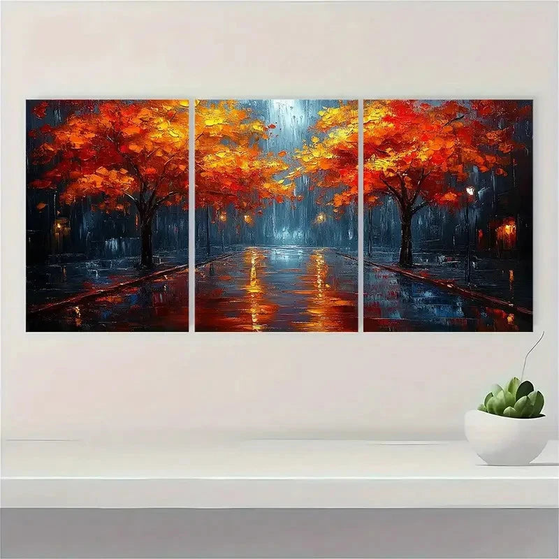 3pcs Night Rainy Street Oil Painting Y Wall Art Set Canvas Framed 40x60cm - High Quality Print 100% Australian Made Wall Canvas Ready to Hang