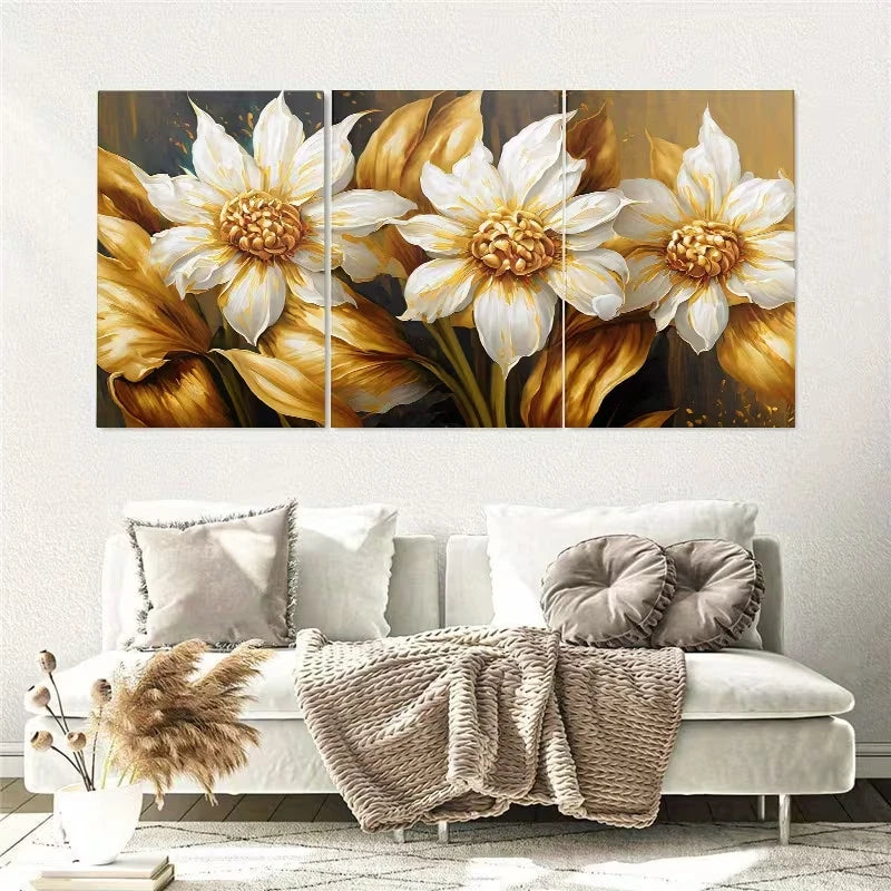 3pcs Elegant Abstract Golden Flower Wall Art Set Canvas Framed 60x90cm - High Quality Print 100% Australian Made Wall Canvas Ready to Hang