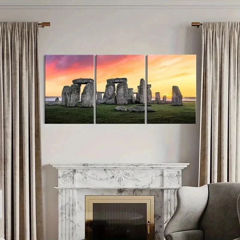 3pcs Stonehenge Sunset Natural Landscape Wall Art Set Canvas Framed 40x60cm - High Quality Print 100% Australian Made Wall Canvas Ready to Hang
