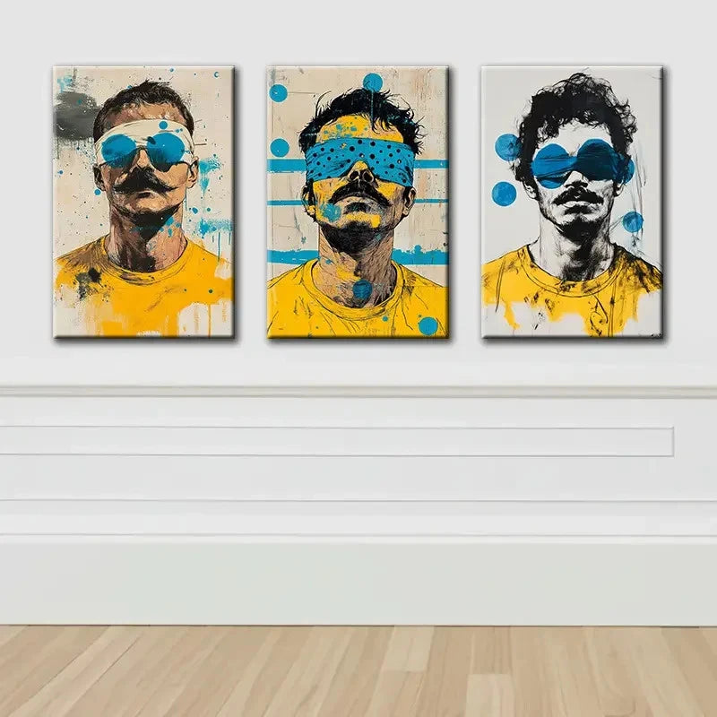 3pcs Old Man In Yellow T-Shirt Portrait Wall Art Set Canvas Framed 50x70cm - High Quality Print 100% Australian Made Wall Canvas Ready to Hang