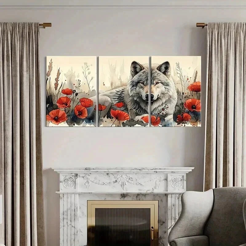 3pcs Watercolor Style The Wolf Among Flowers Wall Art Set Canvas Framed 40x60cm - High Quality Print 100% Australian Made Wall Canvas Ready to Hang