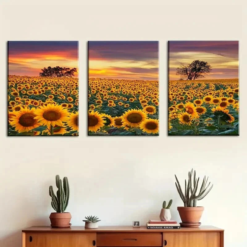 3pcs Sunflower Field Sunset Décor Perfect Wall Art Set Canvas Framed 40x60cm - High Quality Print 100% Australian Made Wall Canvas Ready to Hang