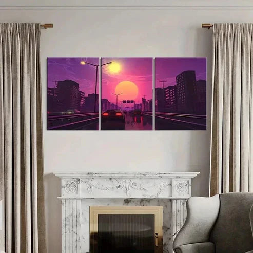 3pcs Vibrant Cityscape with Cars & Streetlights Wall Art Canvas Unframed - High Quality Print 100% Australian Made Wall Canvas