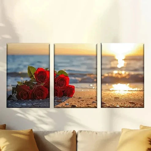 3pcs Couple of Red Roses Sitting on the Beach Wall Art Set Canvas Unframed – High Quality Print 100% Australian Made Wall Canvas
