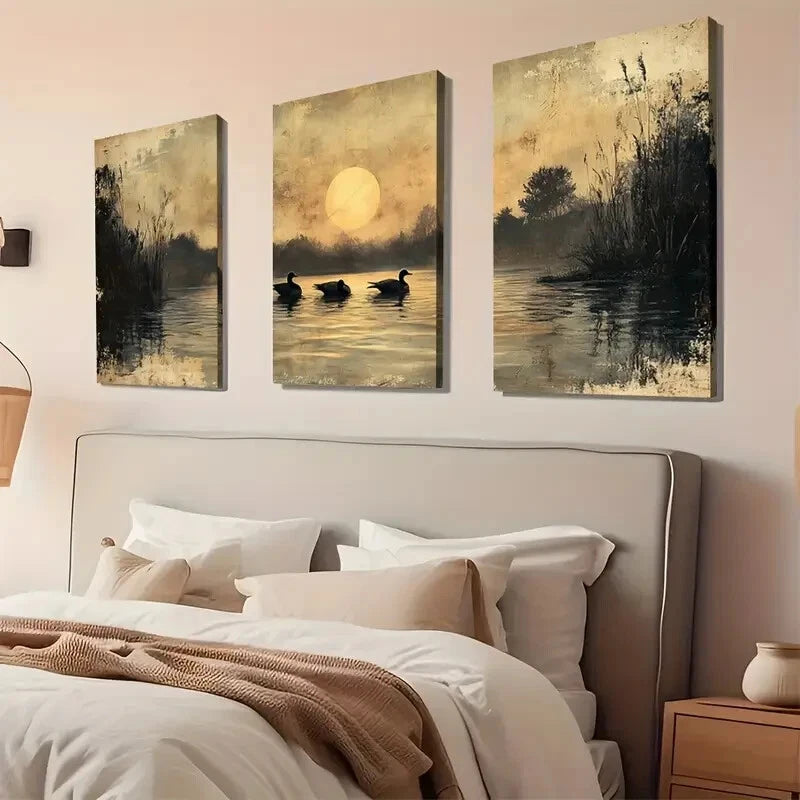 3pcs Pond Antique Classic Nature Décor Perfect Wall Art Set Canvas Framed 40x60cm - High Quality Print 100% Australian Made Wall Canvas Ready to Hang