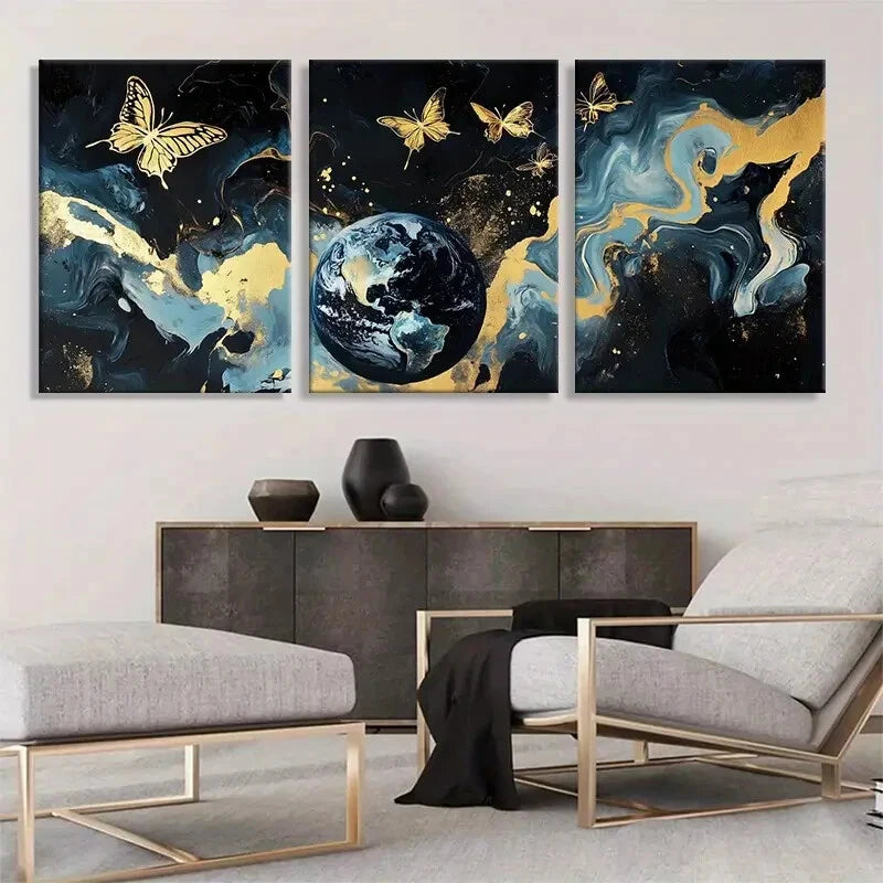 3pcs Golden Butterfly & Earth Marble Perfect Wall Art Set Canvas Framed 40x60cm - High Quality Print 100% Australian Made Wall Canvas Ready to Hang