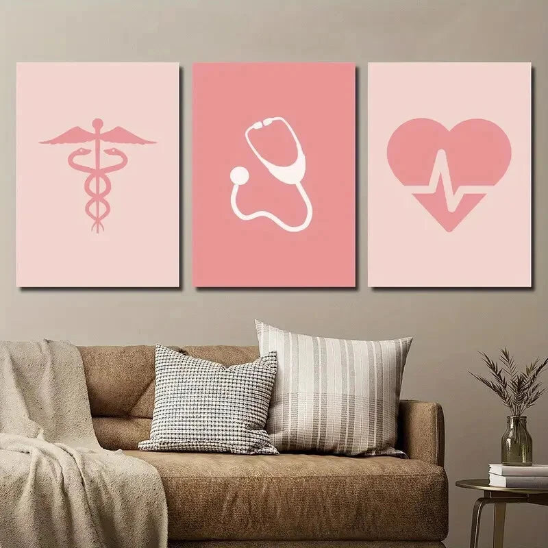 3pcs Pink Medical Decor Wall Art Set Canvas Framed 40x60cm - High Quality Print 100% Australian Made Wall Canvas Ready to Hang
