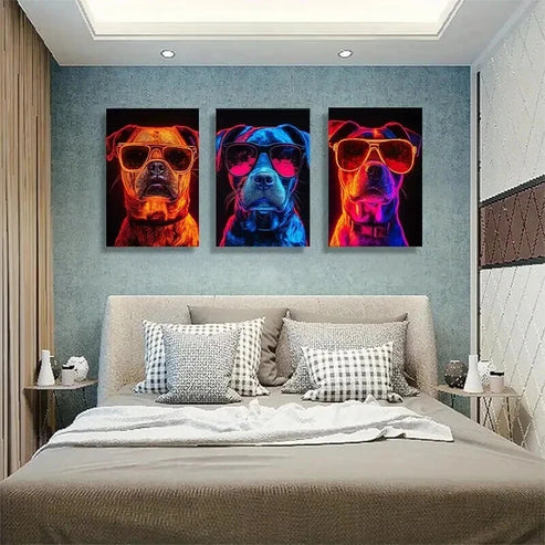 3pcs Stylish Dogs in Neon Fashion Glasses Art Set Canvas Unframed - High Quality Print 100% Australian Made Wall Canvas