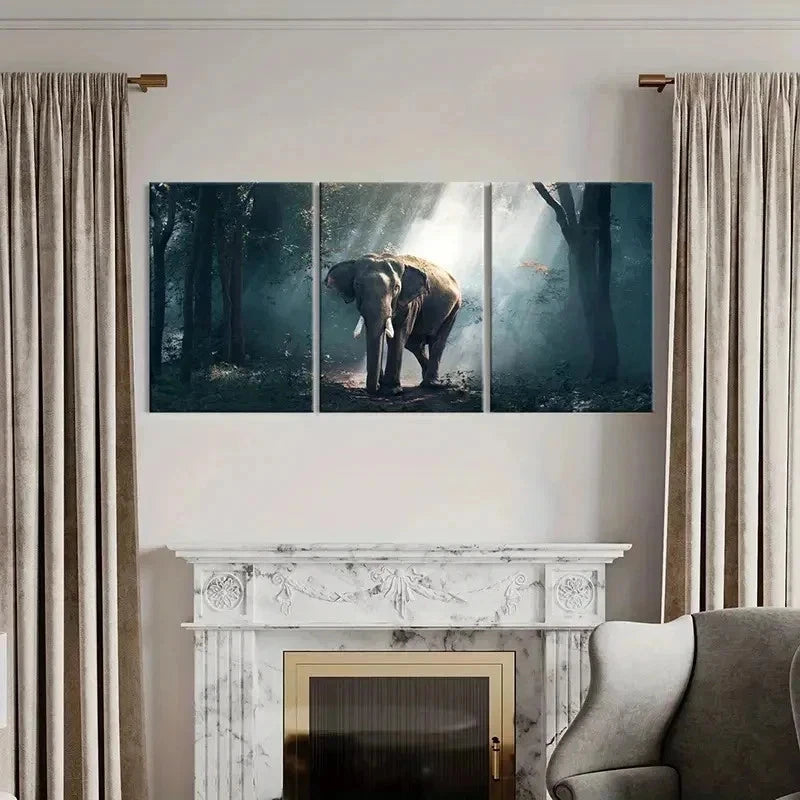 3pcs Elephant in Enchanted Forest Landscape Wall Art Set Canvas Framed 40x60cm - High Quality Print 100% Australian Made Wall Canvas Ready to Hang
