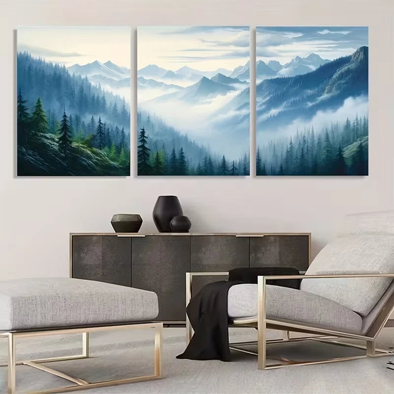 3pcs Misty Blue Forest Landscape Triptych Wall Art Set Canvas Framed 60x90cm - High Quality Print 100% Australian Made Wall Canvas Ready to Hang