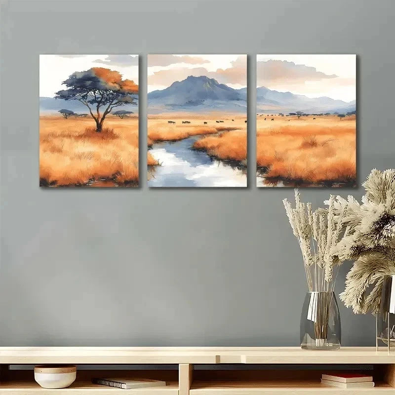 3pcs Serengetti National Park Painting Wall Art Set Canvas Framed 50x70cm - High Quality Print 100% Australian Made Wall Canvas Ready to Hang