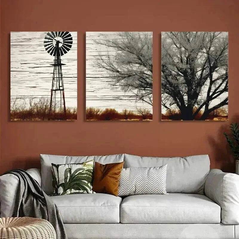 3pcs Rustic Windmill & Trees Orientation Wall Art Set Canvas Framed 40x60cm - High Quality Print 100% Australian Made Wall Canvas Ready to Hang