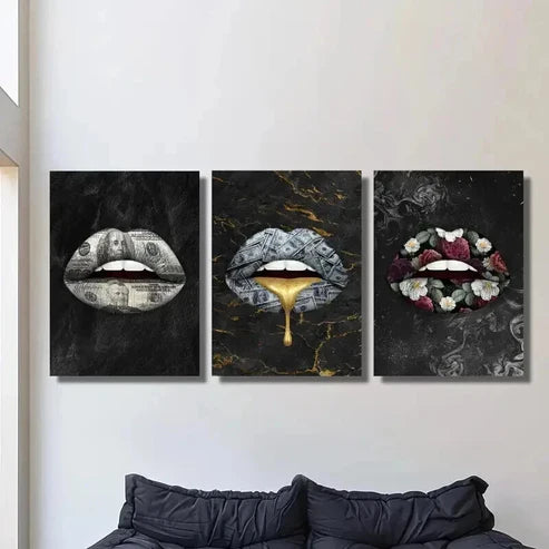 3pcs Money Golden Colorful Bouquet Lips Wall Art Canvas Unframed – High Quality Print 100% Australian Made Wall Canvas