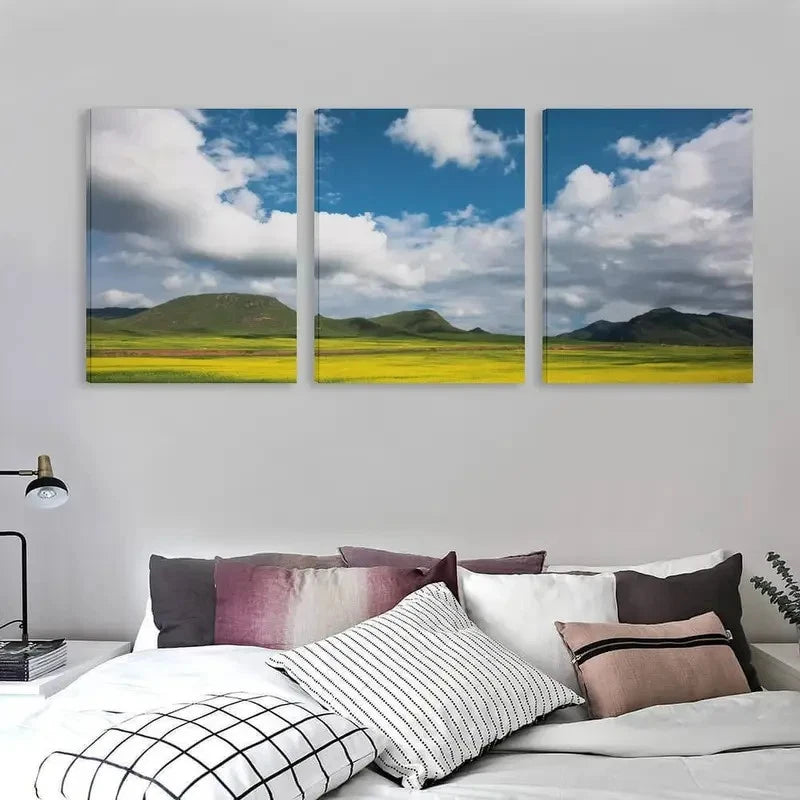 3pcs The Blue Sky and White Clouds Land Wall Art Set Canvas Framed 60x90cm - High Quality Print 100% Australian Made Wall Canvas Ready to Hang