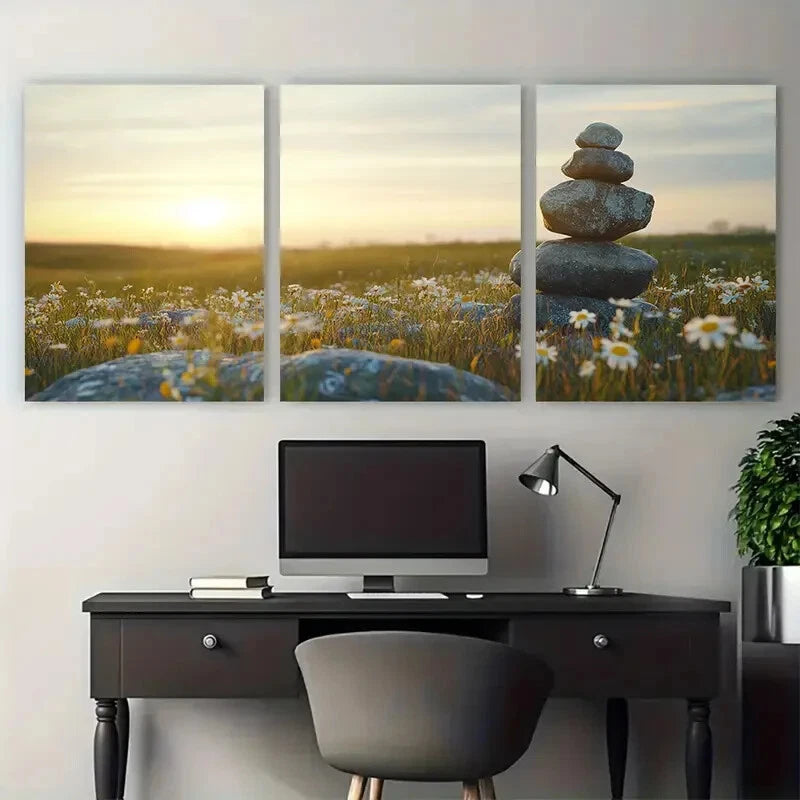 3pcs Stone Cairn Wildflowers and Midnight Sun Metal Print Ready to Hang Art