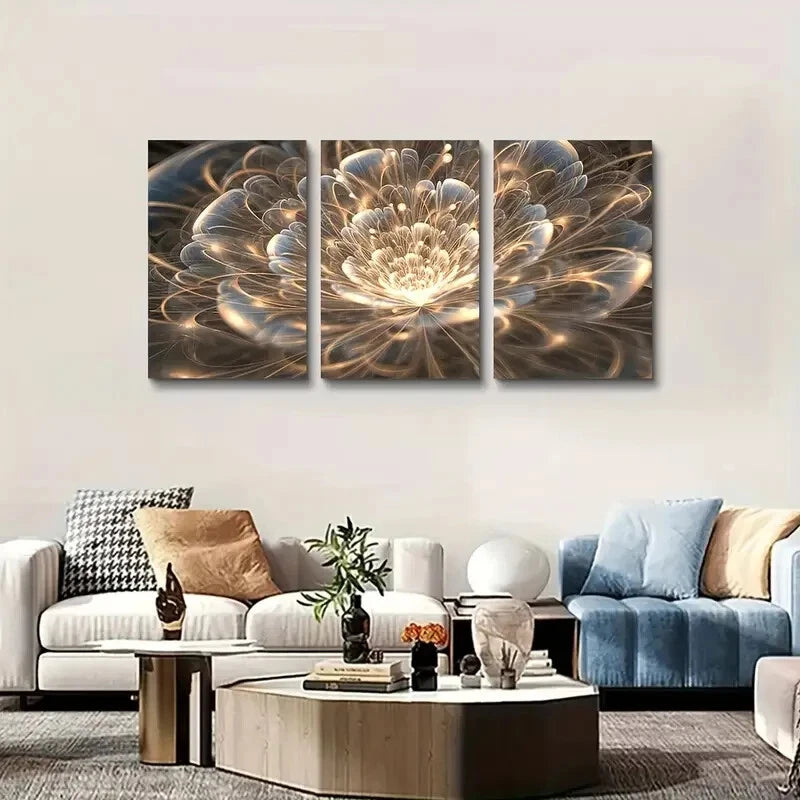 3pcs Golden Lotus Modern Art Deco Floral Perfect Wall Art Set Canvas Framed 40x60cm - High Quality Print 100% Australian Made Wall Canvas Ready to Hang