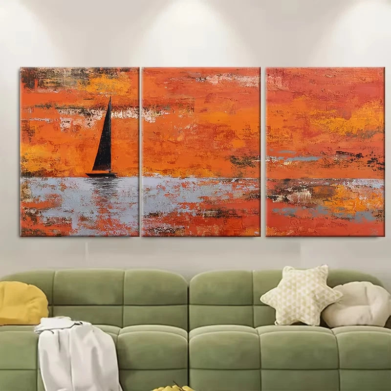 3pcs Abstract Sunset Boat Painting Wall Art Set Canvas Framed 60x90cm - High Quality Print 100% Australian Made Wall Canvas Ready to Hang