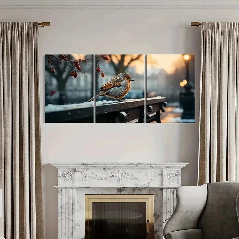 3pcs Birds Sparrows on a Street Painting Wall Art Set Canvas Framed 40x60cm - High Quality Print 100% Australian Made Wall Canvas Ready to Hang