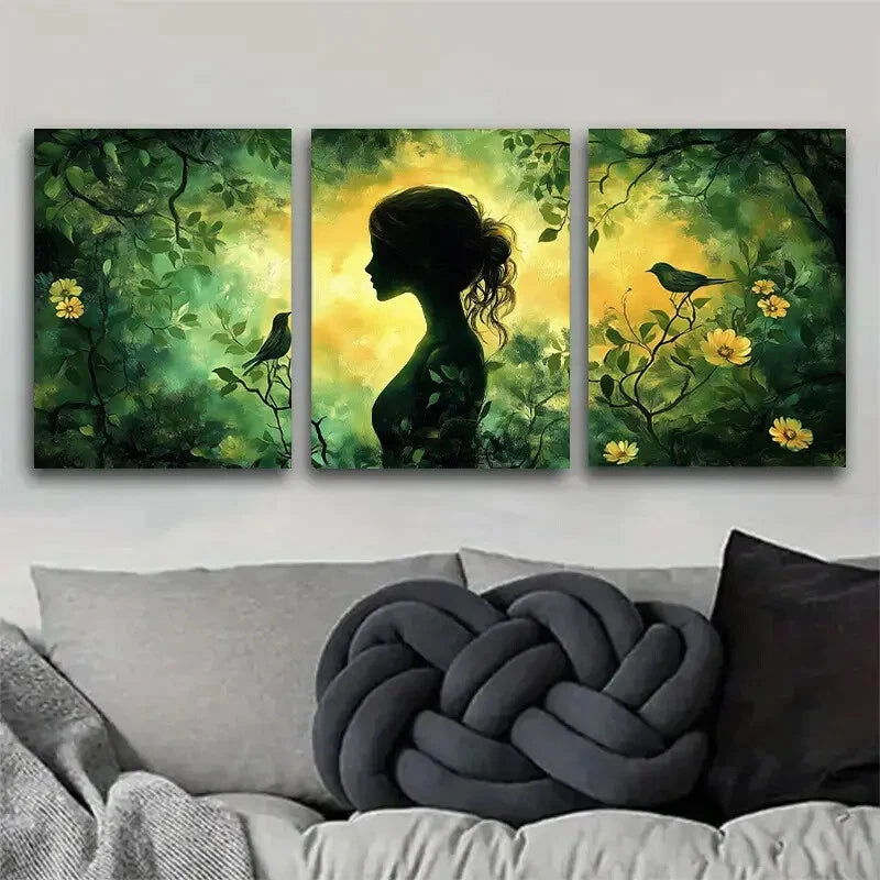 3pcs Mysterious Woman in Green Forest Perfect Wall Art Set Canvas Framed 40x60cm - High Quality Print 100% Australian Made Wall Canvas Ready to Hang