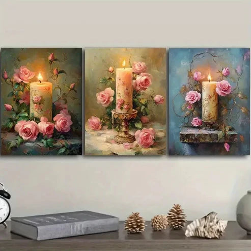 3pcs Pink Roses & Candle Wall Art Set Canvas Unframed - High Quality Print 100% Australian Made Wall Canvas - Bella Home Decor