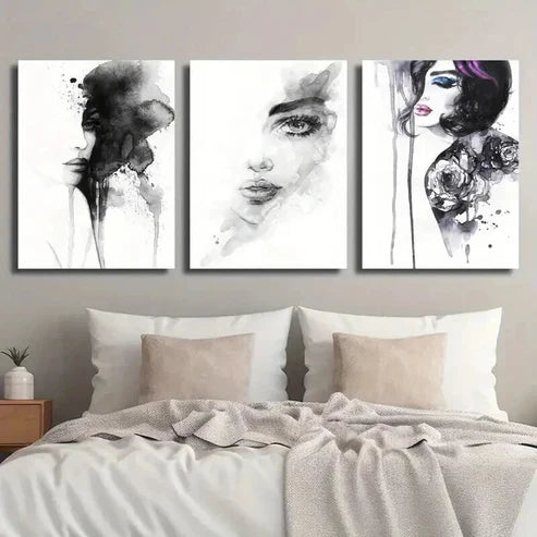 3pcs Black and White Female Portrait Wall Art Set Canvas Unframed - High Quality Print 100% Australian Made Wall Canvas
