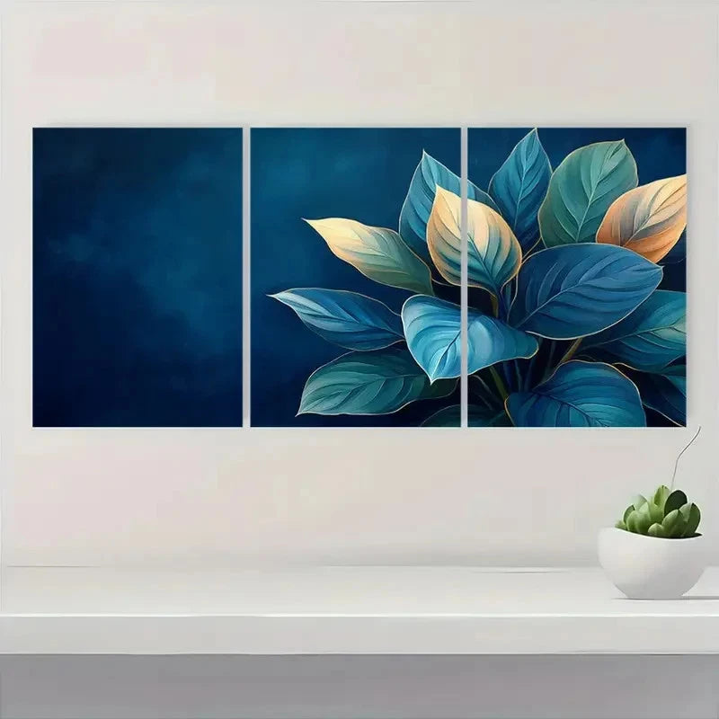 3pcs Vibrant Blue & Golden Calathea Perfect Wall Art Set Canvas Framed 40x60cm - High Quality Print 100% Australian Made Wall Canvas Ready to Hang