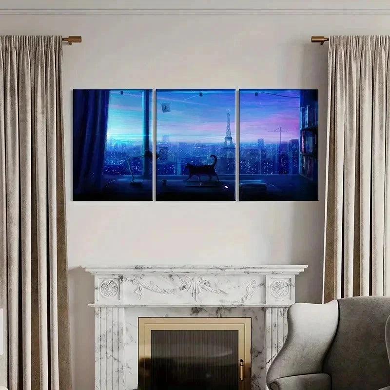 3pcs City Night Scene Tower & Cat Near Window Wall Art Set Canvas Framed 40x60cm - High Quality Print 100% Australian Made Wall Canvas Ready to Hang