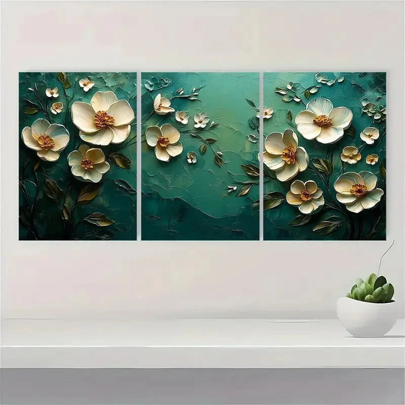 3pcs Abstract Floral Textured Art Green White Wall Art Set Canvas Framed 40x60cm - High Quality Print 100% Australian Made Wall Canvas Ready to Hang