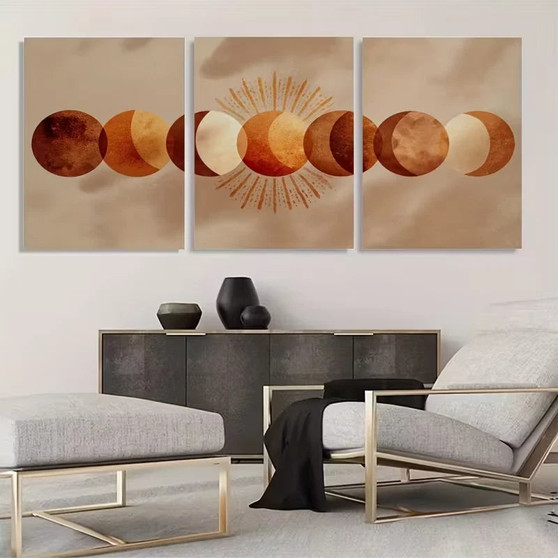 3pcs Bohemian Moon Phase Triptych Mural Wall Art Set Canvas Framed 60x90cm - High Quality Print 100% Australian Made Wall Canvas Ready to Hang