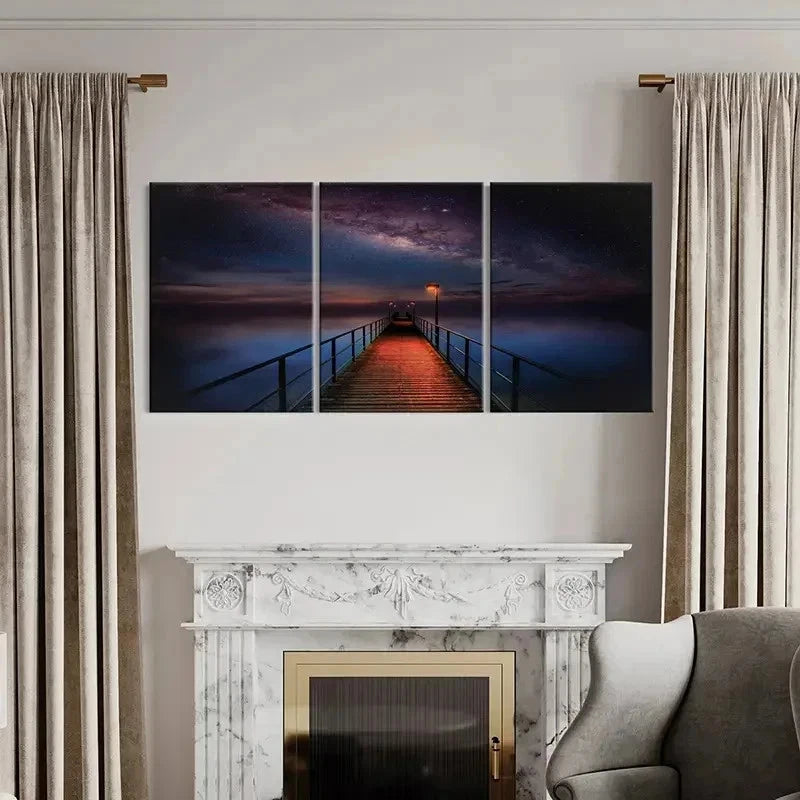 3pcs Starry Sky Night Scene Lake Bridge Wall Art Set Canvas Framed 40x60cm - High Quality Print 100% Australian Made Wall Canvas Ready to Hang