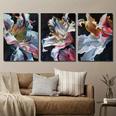 3pcs Golden Pink Lily Flower Petals & Dewdrops Wall Art Set Canvas Unframed - High Quality Print 100% Australian Made Wall Canvas