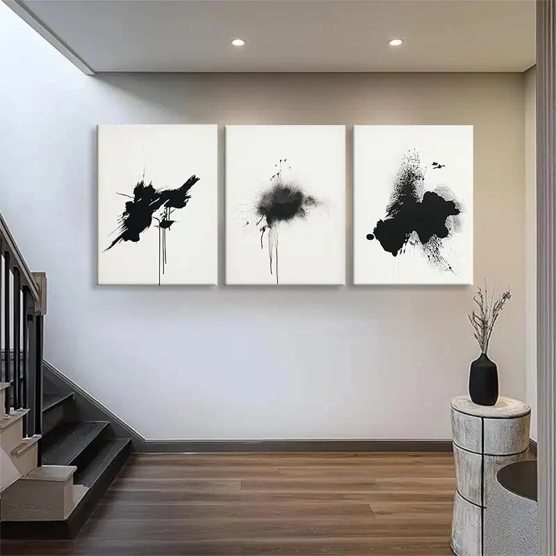 3pcs Black Ink Abstract Splatter Modern Perfect Wall Art Set Canvas Framed 40x60cm - High Quality Print 100% Australian Made Wall Canvas Ready to Hang