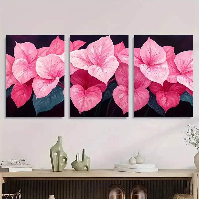 3pcs Tropical Pink Caladium Plants Perfect Wall Art Set Canvas Framed 40x60cm - High Quality Print 100% Australian Made Wall Canvas Ready to Hang