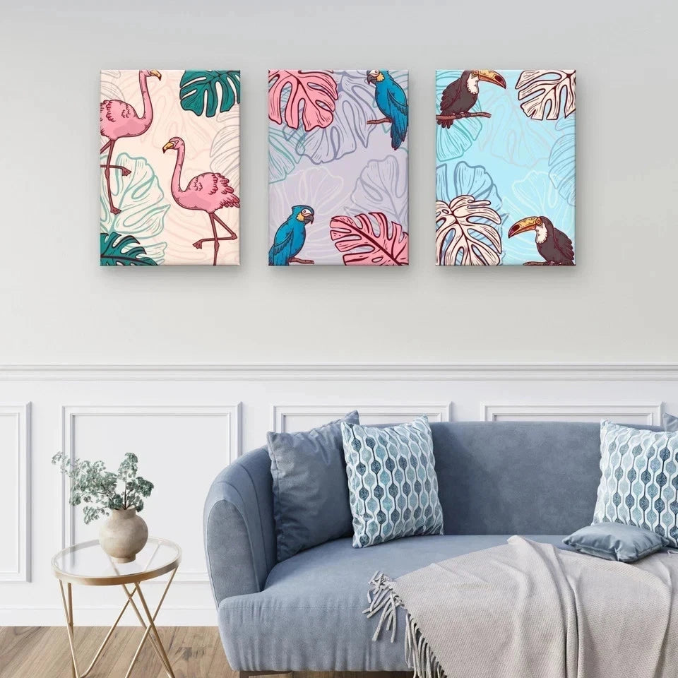 3pcs Tropical Birds and Jungle Leaves Kids Wall Art Set Canvas Framed 40x60cm - High Quality Print 100% Australian Made Wall Canvas Ready to Hang