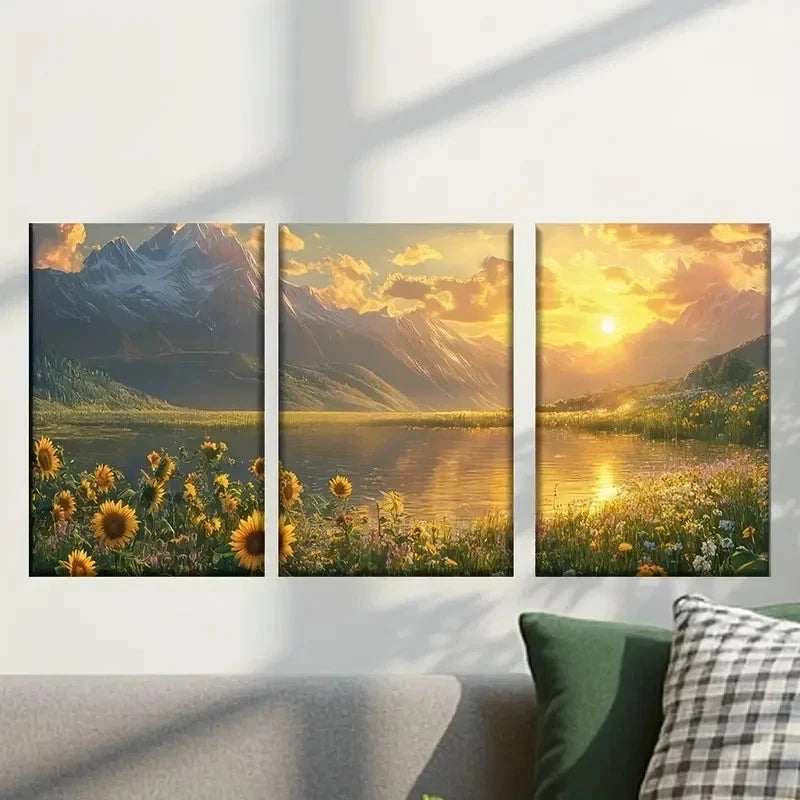 3pcs Stunning Sunset Above a Mountain Lake Wall Art Set Canvas Framed 40x60cm - High Quality Print 100% Australian Made Wall Canvas Ready to Hang