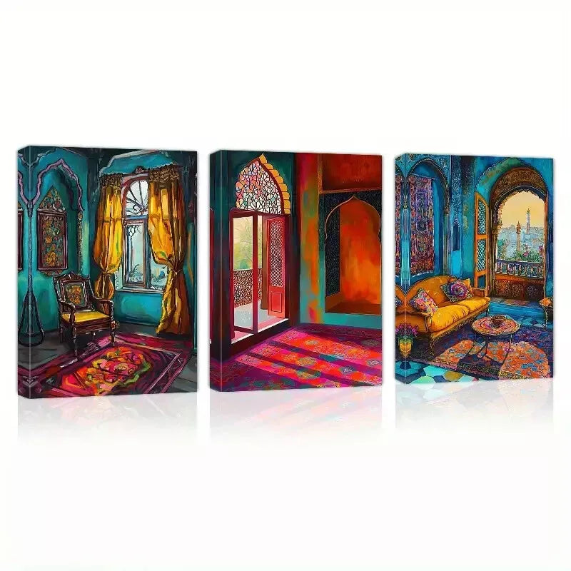 3pcs Colorful Beautiful Indian Architecture Wall Art Set Canvas Framed 50x70cm - High Quality Print 100% Australian Made Wall Canvas Ready to Hang