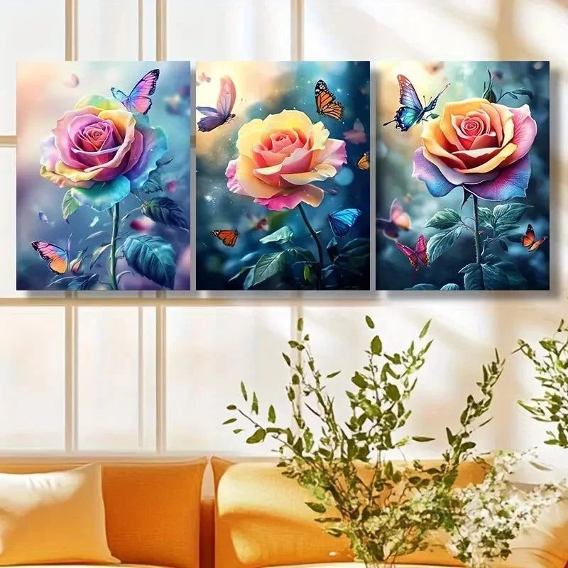 3pcs Vibrant Rose & Butterfly Design Wall Art Set Canvas Framed 50x70cm - High Quality Print 100% Australian Made Wall Canvas Ready to Hang