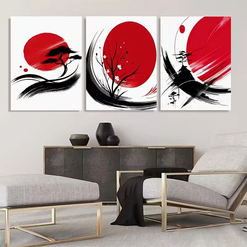 3pcs Three Sets of Japanese Ink Painting Red Wall Art Set Canvas Framed 60x90cm - High Quality Print 100% Australian Made Wall Canvas Ready to Hang