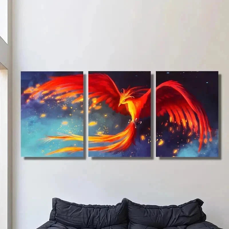 3pcs Mythical Red And Orange Phoenix Bird Wall Art Set Canvas Framed 40x60cm - High Quality Print 100% Australian Made Wall Canvas Ready to Hang