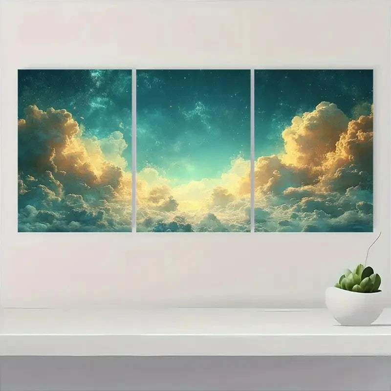3pcs Teal & Golden Clouds Design T Wall Art Set Canvas Framed 40x60cm - High Quality Print 100% Australian Made Wall Canvas Ready to Hang