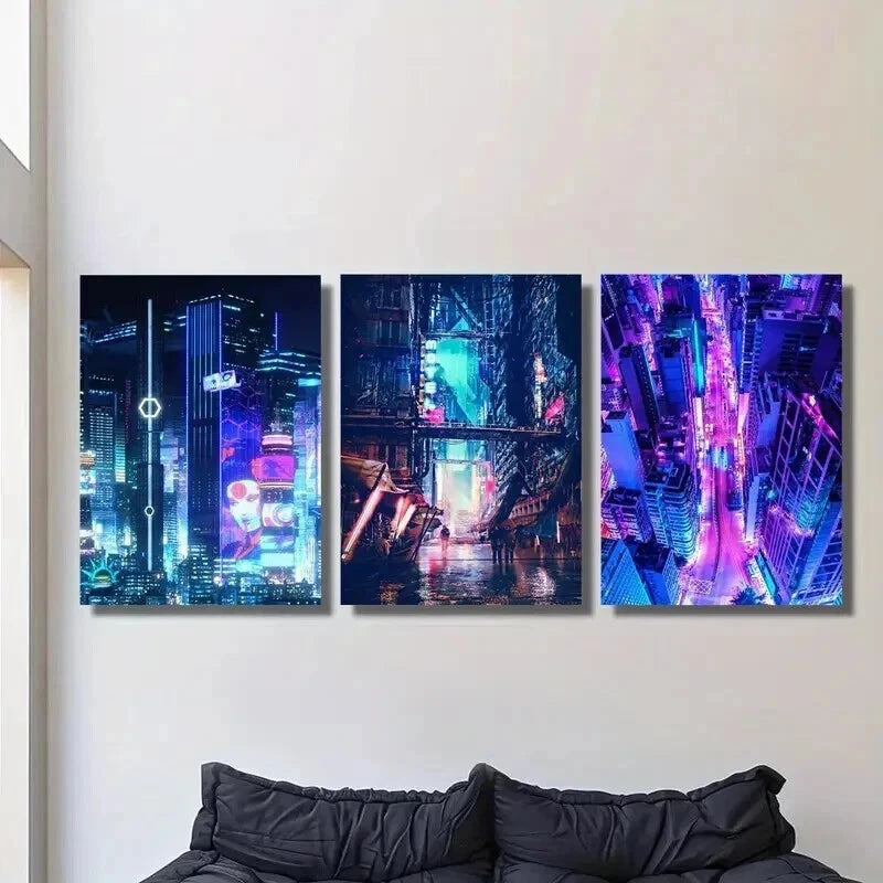 3pcs Vibrant Neon Futuristic Skylines Wall Art Set Canvas Framed 50x70cm - High Quality Print 100% Australian Made Wall Canvas Ready to Hang