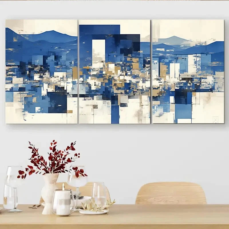 3pcs Blue & Golden Geometric Shapes Perfect Wall Art Set Canvas Framed 40x60cm - High Quality Print 100% Australian Made Wall Canvas Ready to Hang