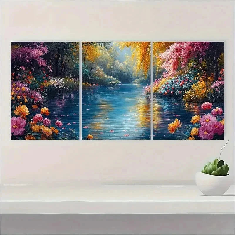 3pcs Floral River Nature Flower Perfect Wall Art Set Canvas Framed 50x70cm - High Quality Print 100% Australian Made Wall Canvas Ready to Hang
