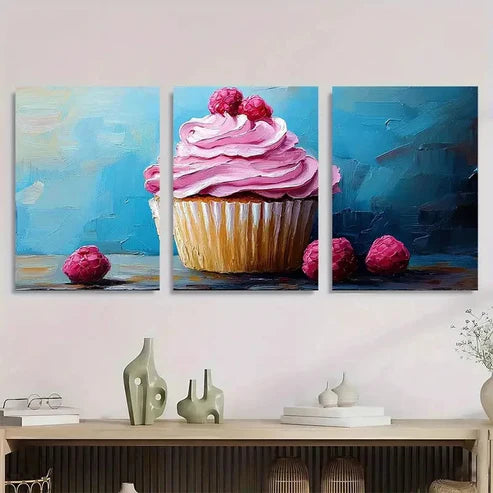 3pcs Cupcake Sweet Dessert Impasto Wall Art Set Canvas Unframed - High Quality Print 100% Australian Made Wall Canvas