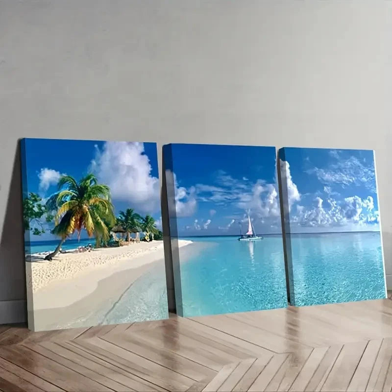 3pcs Blue Crystal Clear Sea & White Sandy Wall Art Set Canvas Framed 60x90cm - High Quality Print 100% Australian Made Wall Canvas Ready to Hang