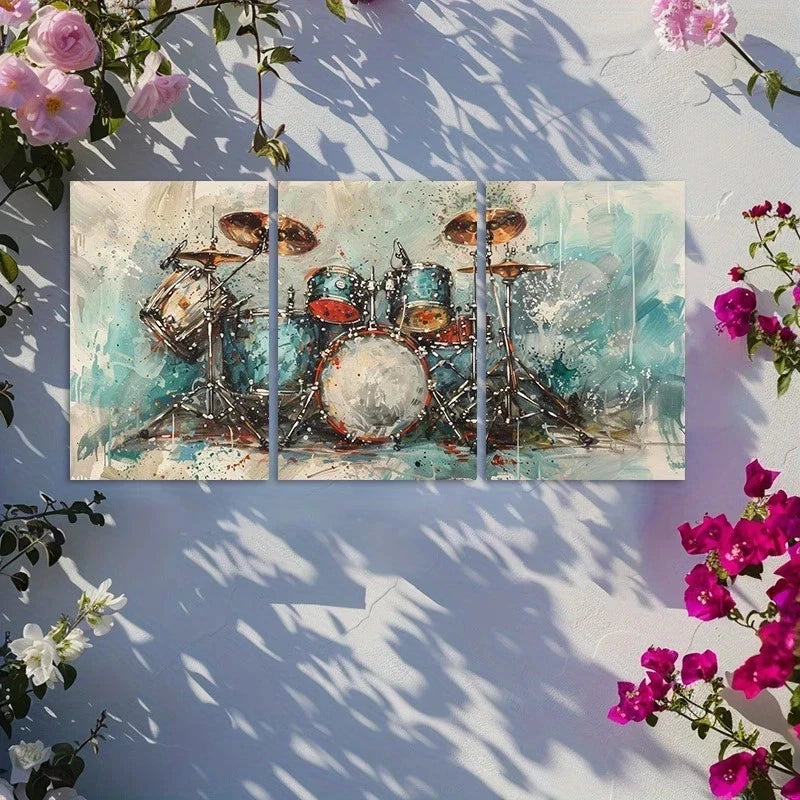3pcs Dynamic Drum Set Oil Painting Metal Print Ready to Hang Art