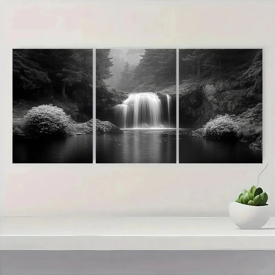 3pcs Black and White Waterfall Serene Forest Wall Art Set Canvas Framed 50x70cm - High Quality Print 100% Australian Made Wall Canvas Ready to Hang